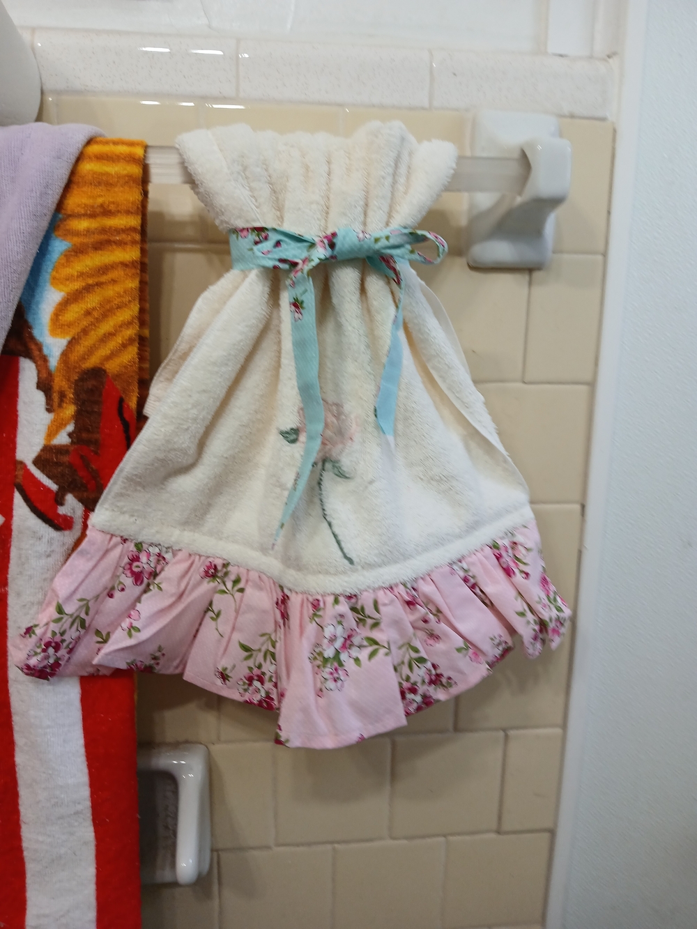 Embroidered Cream Hanging Towel with Pink Floral Ruffle